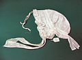 Bonnet - White lawn bonnet (possibly childs), machine stitched, drawst…